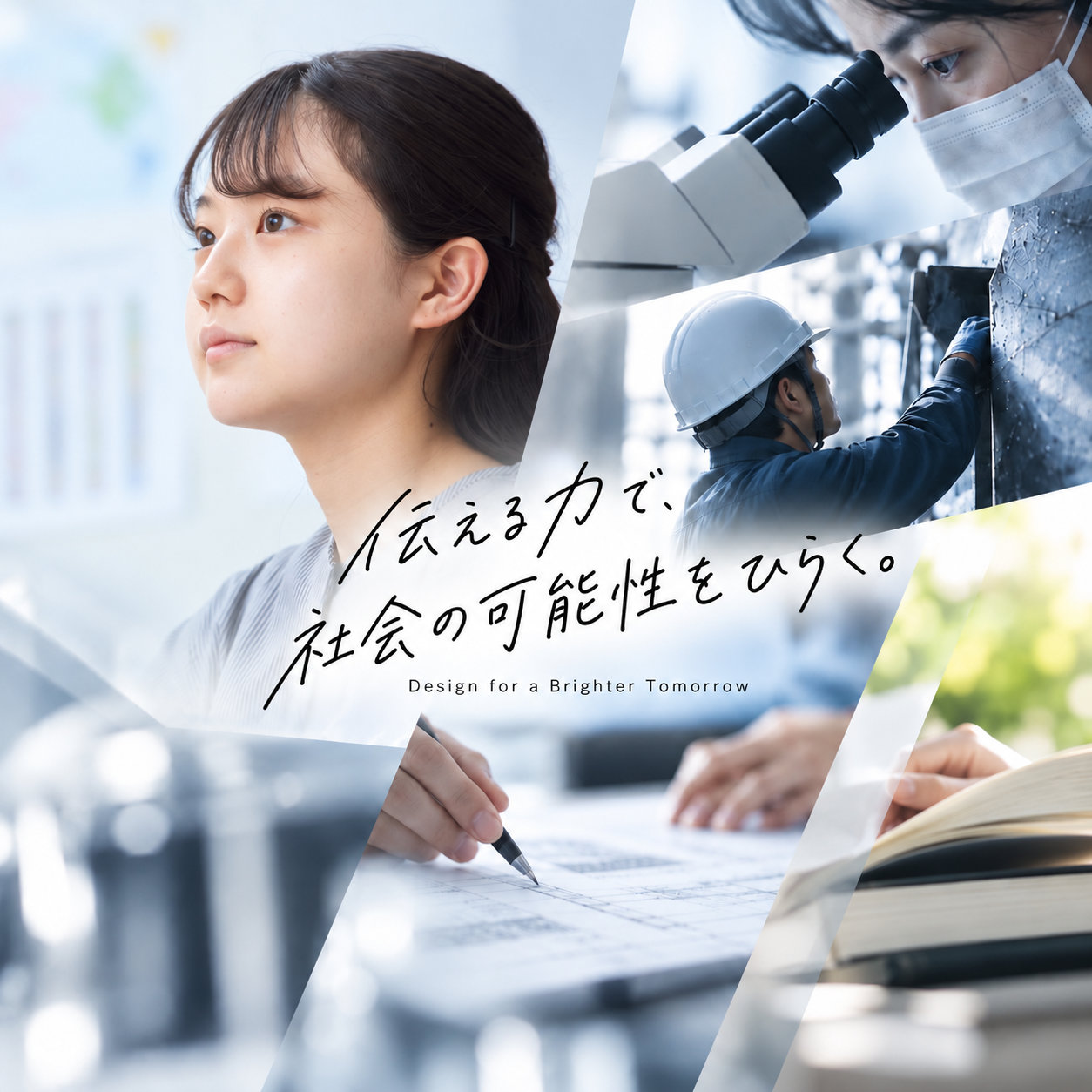 研究、ものづくり、学び、北九州の街をつなぎ、『伝える力で、社会の可能性をひらく。』と表現したビジュアル